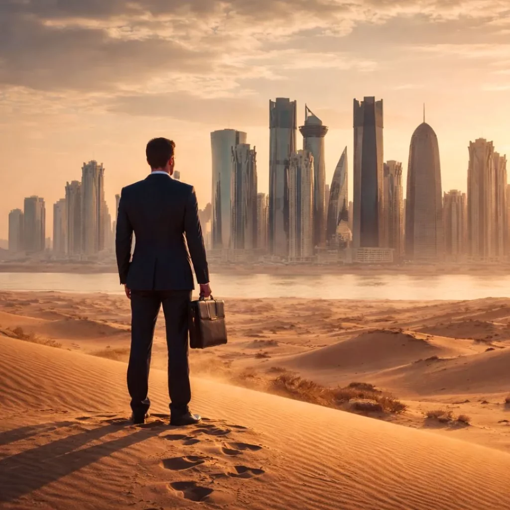 Businessman in a dark suit with a briefcase stands on desert sand, facing a futuristic city skyline at sunset.