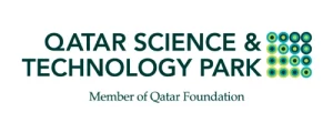 Qatar Science & Technology Park logo with teal text and a grid of green-blue dots on the right, plus the subtitle 'Member of Qatar Foundation'