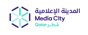 Media City Qatar logo with a geometric hexagon icon and bilingual Arabic and English text (المدينة الإعلامية, Media City Qatar).