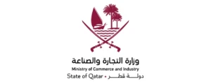 Logo of the Ministry of Commerce and Industry, State of Qatar, featuring the emblem with a dhow, crossed swords, and palm trees, with Arabic and English text beneath.